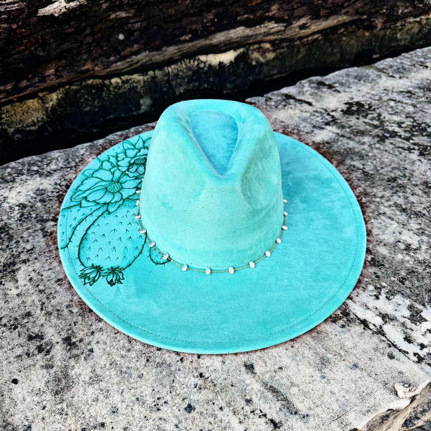 Prickly Pear in Aqua | A Hand Burned Western Style Hat