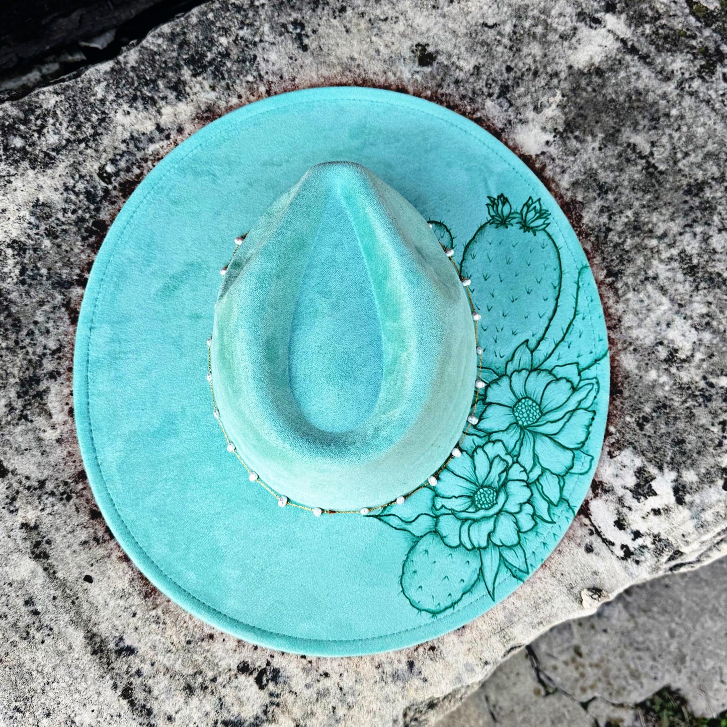 Prickly Pear in Aqua | A Hand Burned Western Style Hat
