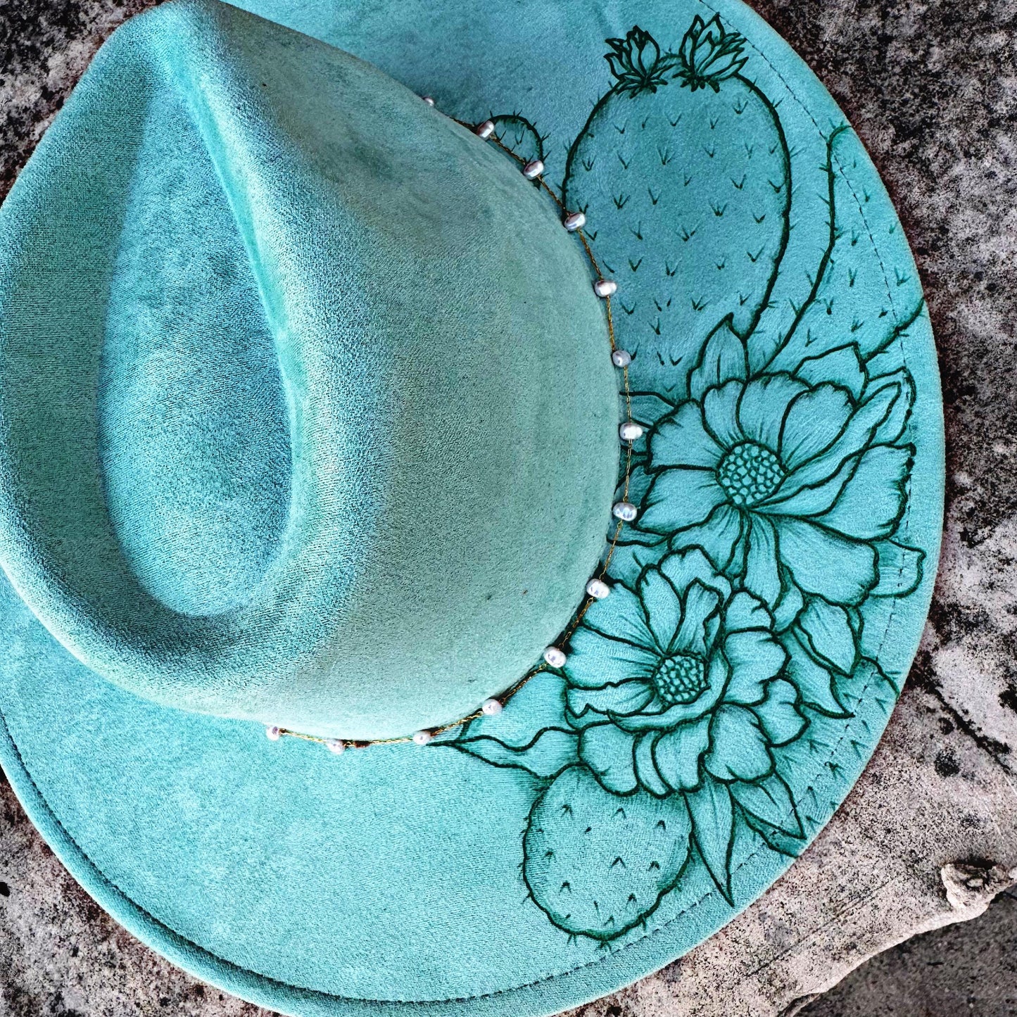 Prickly Pear in Aqua | A Hand Burned Western Style Hat