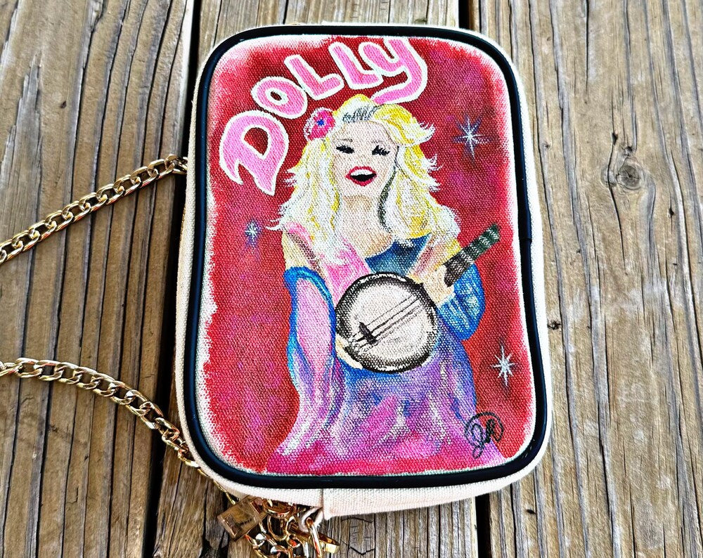 Hand Painted Dolly Parton Clutch with Shoulder Strap