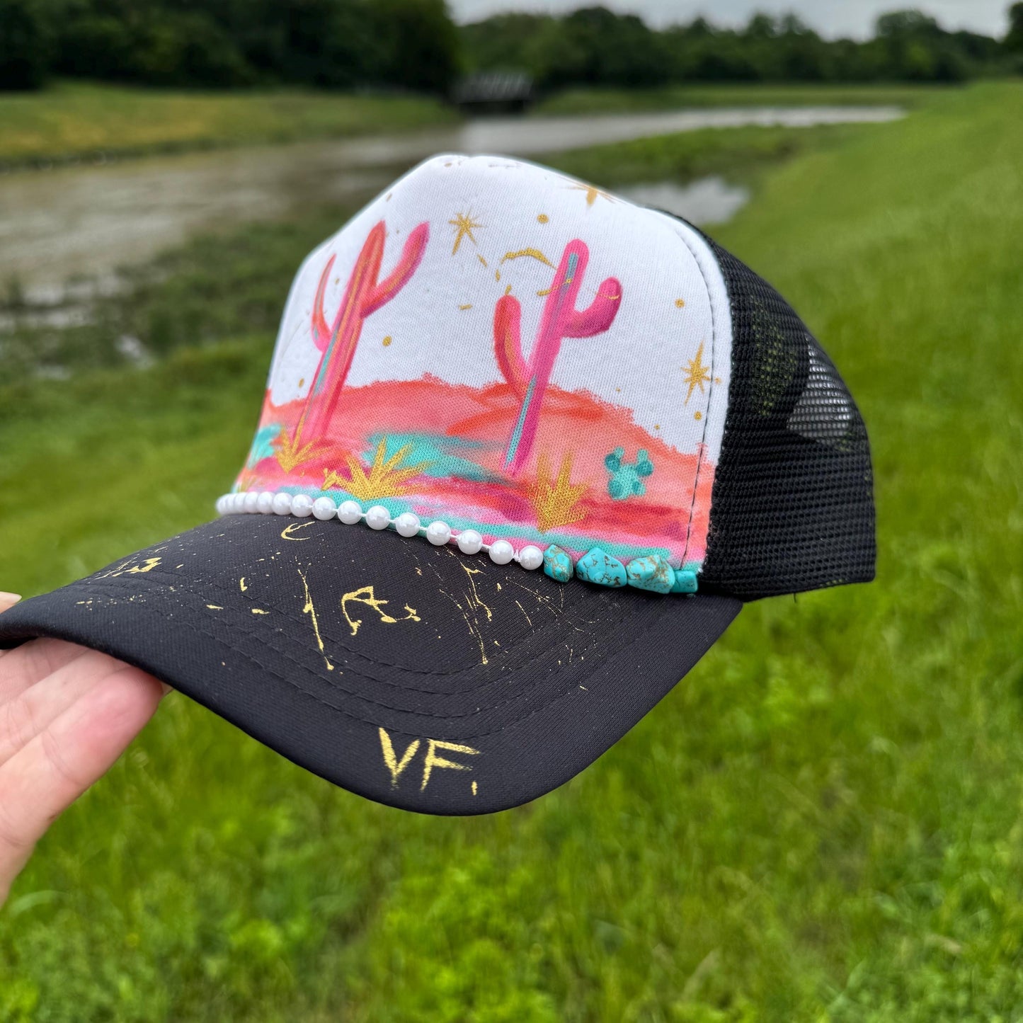 Neon Moon A Hand Painted Trucker Hat with Turquoise Stones