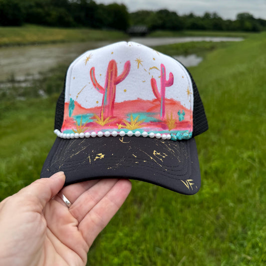 Neon Moon A Hand Painted Trucker Hat with Turquoise Stones