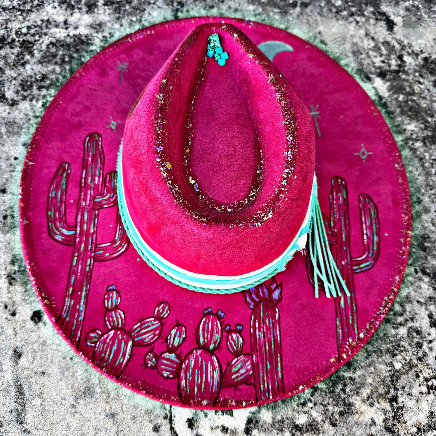 Cosmic Desert Hand Painted and Hand Burned Iridescent Western Hat