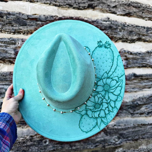 Prickly Pear in Aqua | A Hand Burned Western Style Hat