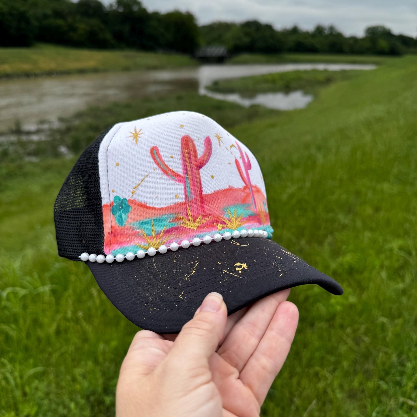 Neon Moon A Hand Painted Trucker Hat with Turquoise Stones