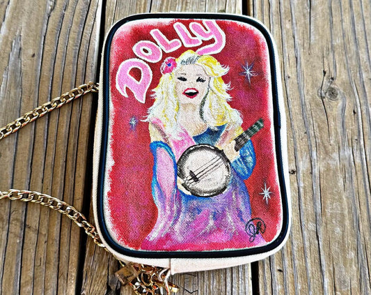 Hand Painted Dolly Parton Clutch with Shoulder Strap