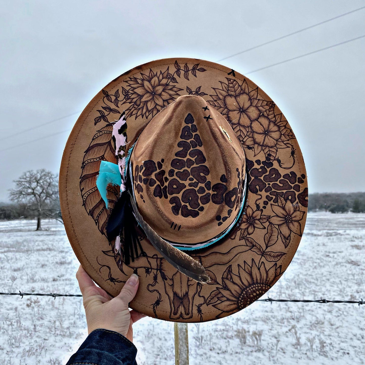 Custom Velvet Fox Hat Made to Order Hand Burned Expertly Shaded and Crafted Custom Hat Band Western Style Vegan Suede Extra Wide Brim Hat