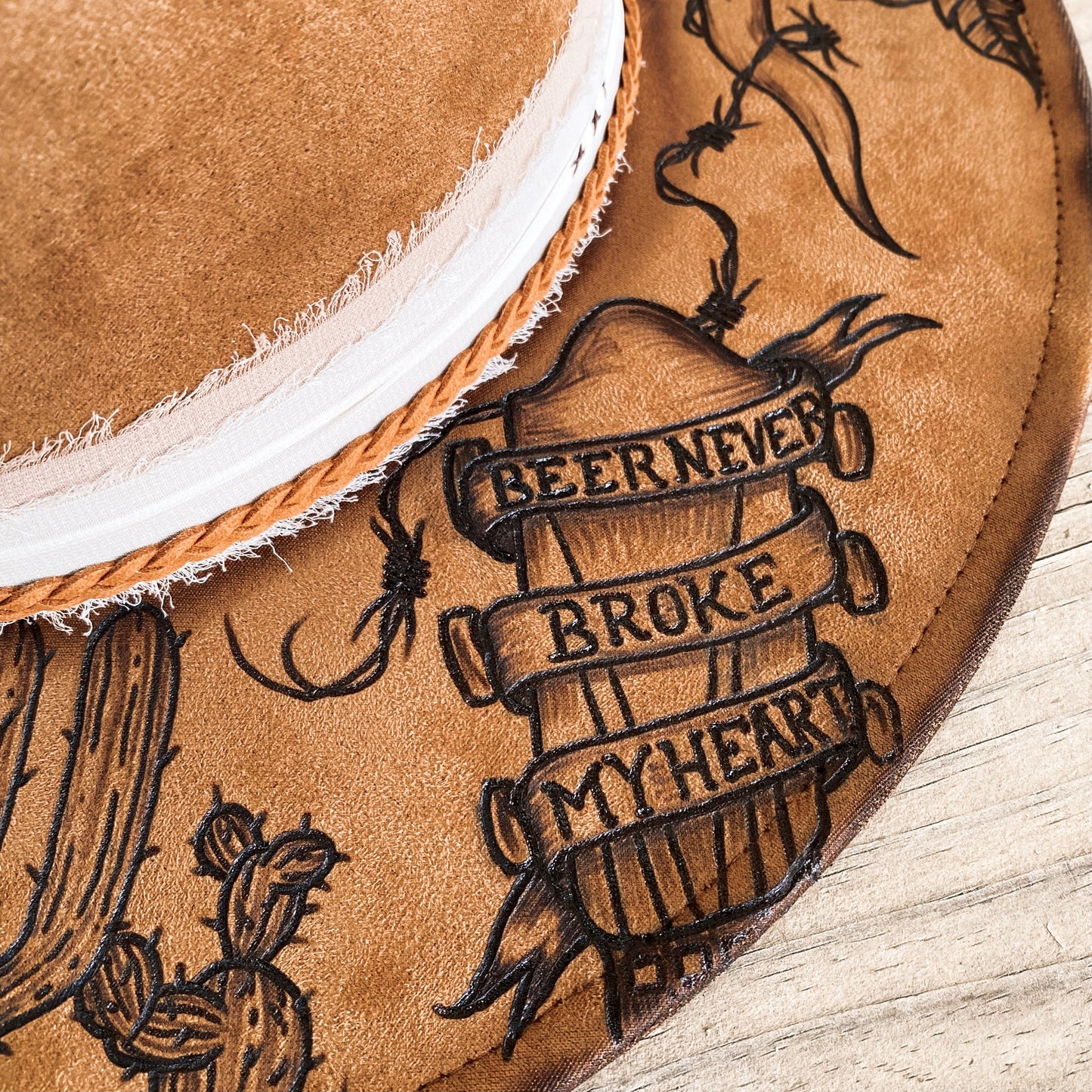 Custom Velvet Fox Hat Made to Order Hand Burned Expertly Shaded and Crafted Custom Hat Band Western Style Vegan Suede Extra Wide Brim Hat