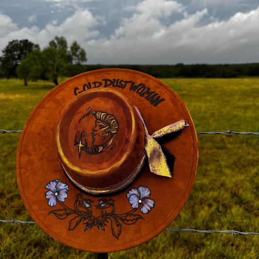 Gold Dust Woman | A Hand Burned Vegan Suede Sun Hat Hand Painted with Rhinestones & Purple Hat Band Stevie Nicks Inspired