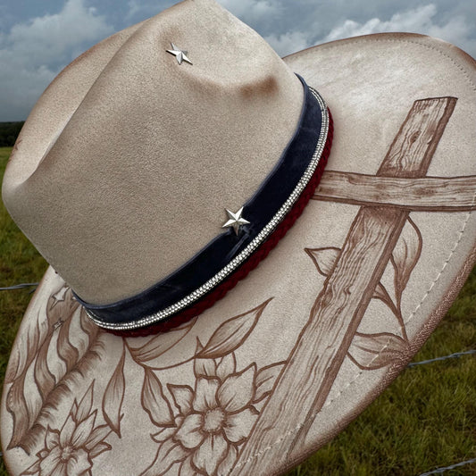 Custom Velvet Fox Hat Made to Order Hand Burned Expertly Shaded and Crafted Custom Hat Band Western Style Vegan Suede Extra Wide Brim Hat